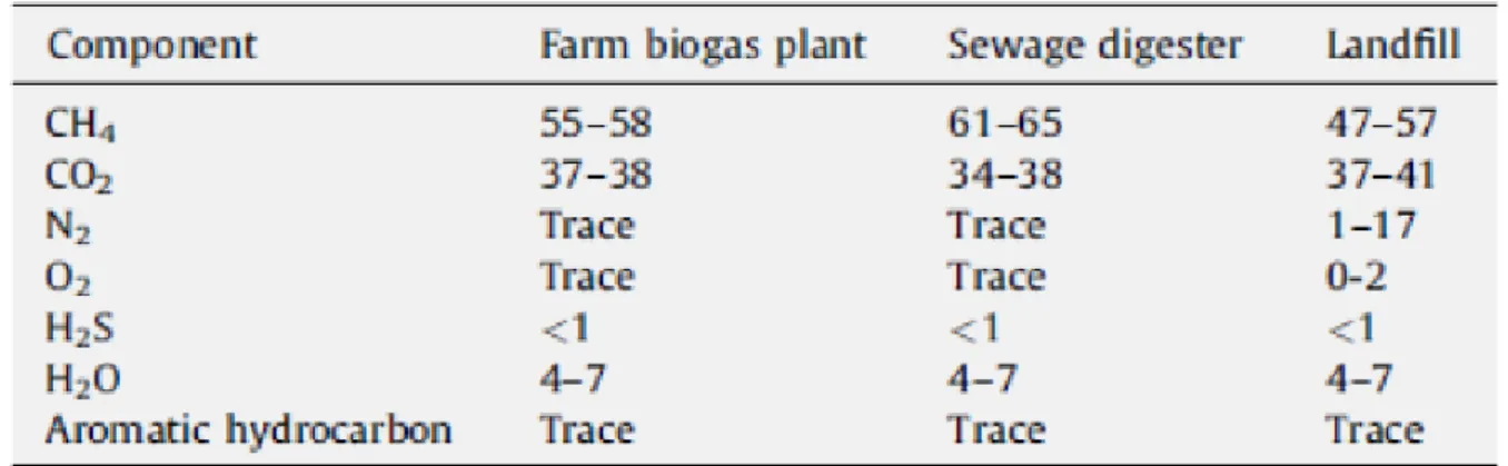 Tabella 4 Percentuali sul peso totale delle varie componenti principali del biogas [ 33]