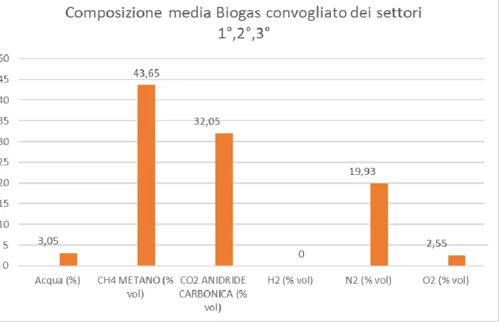 Figura 12 Istogramma rappresentante le componenti principali del biogas espresse in % del volume totale