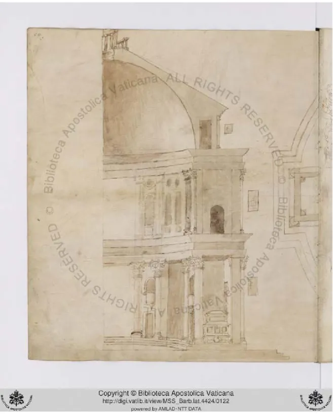 Figura 2: Giuliano da Sangallo, Sezione del progetto per un mausoleo per il papa Giulio II,  Codice Barberiniano, f 51v  [10] 
