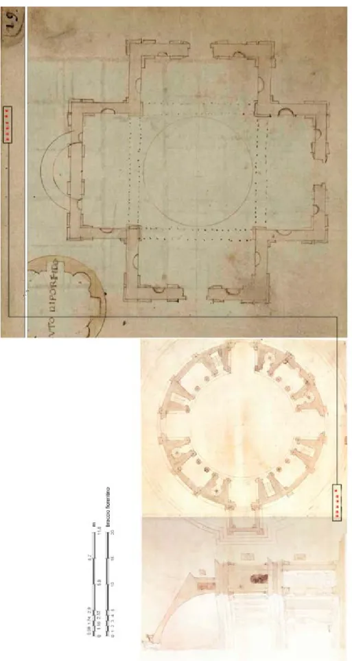 Figura 16: Individuazione della scala metrica ripartita in 5 moduli sui disegni del Sangallo 