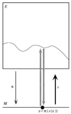 Figure 1.5: A section of a vector bundle defined on an open set U of M associates at each point x ∈ U a value s (x) in the fiber E x above x.