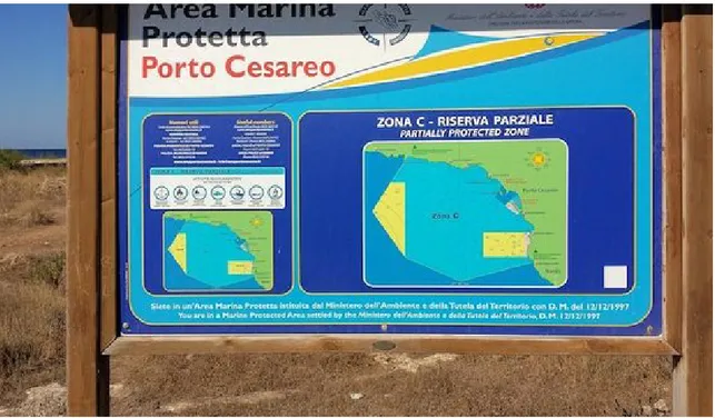 Figura 7. Cartellonistica presente all'interno dell'AMP Porto Cesareo, in particolare questa foto è riferita ad un cartello presente nella Zona C - Riserva Parziale.