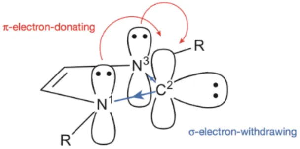 Figura 15. Effetto elettrodonatore ed elettronattrattore esercitati dagli azoti sul carbonio carbenico 