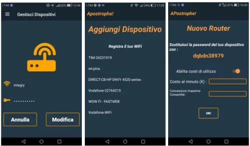Figura 9: Schermate di modifica router, scelta del dispositivo, registrazione dispositivo