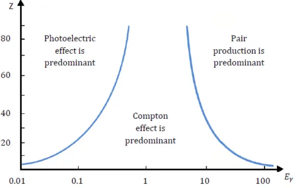 Figura 1.4: Grafico che mostra quali sono le interazioni che dominano al variare del numero atomico Z e dell’energia E γ del fotone.
