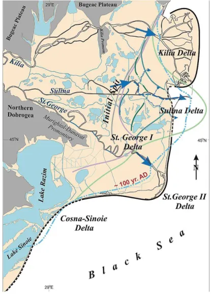 Figura 17 – Ricostruzione della posizione della linea di costa durante la fase di  massima progradazione dei lobi Chilia e St.George II (Panin &amp; Overmars, 2012) 