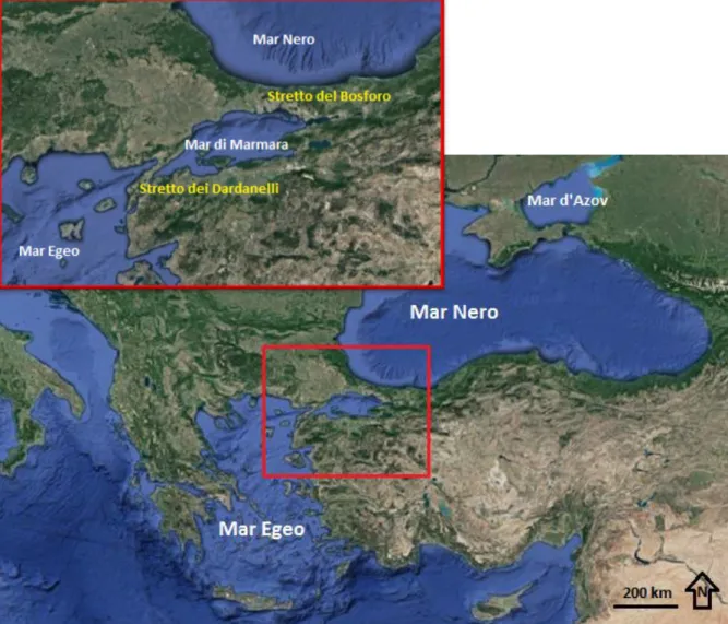 Figura  1  -  Inquadramento  geografico  del  Mar  Nero,  dettaglio  sull’area  degli  stretti turchi (immagine leggermente modificata da Google Earth) 