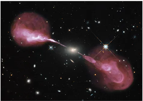 Figura 1.2.2: Un’immagine multifrequenza della Radiogalassia Hercules A. La scala dei toni di rosa mostra l’emissione radio sovrapposta ad un’immagine ottica.