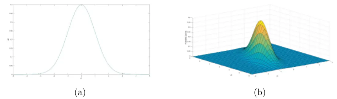 Figura 3.3: Funzione densit` a di probabilit` a di una distribuzione normale nel caso unidimensionale (a) e multidimensionale (b).