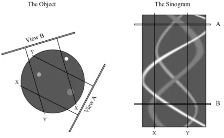 Figure 2.10. Schematic representation of the slice of an object and the corresponding sinogram
