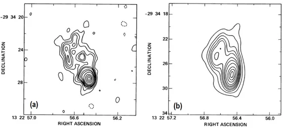 Figure 2.4: Maps of NGC 5135 at 6 cm (left) and 20 cm (on right) from Ulvestad and Wilson [1989]: the beam sizes are θ 6 cm = 0.91 00 × 0.60 00 and θ 20 cm = 2.29 00 × 1.18 00 respectively; contour levels are set at -2, 2, 4, 6, 8, 10, 15, 20, 30, 50, 70 a