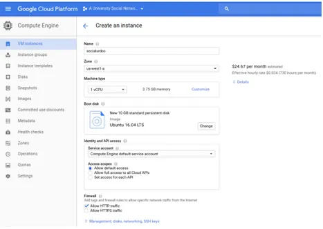 Figure 3.3: Compute Engine instance creation form