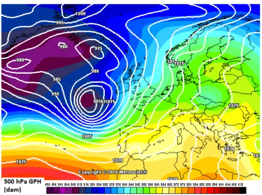 Figure 3.2: Reanalysis from ERA-Interim (ECMWF) valid at 00 UTC of 2 th February: colours distriminate different value of 500 hPa height (in dam); solid white line link point with same MSLP (interpolated by Meteociel (www.meteociel.fr)).