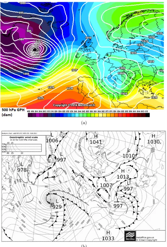 Figure 3.7: Mid tropospheric (top panel (a)) and surface level (pressure values in hPa; lower panel (b), by UK Met Office) synoptic charts valid at 00 UTC of 6 th February 2017.