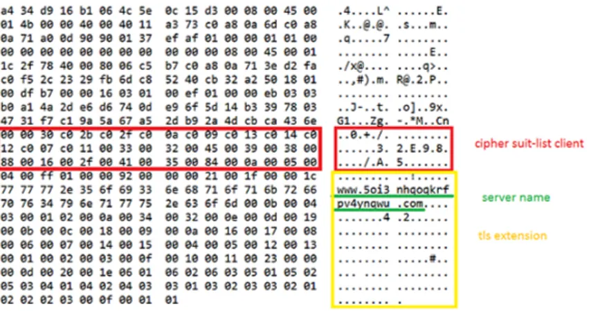 Figura 3.3: Estratto Wireshark di un pacchetto Hello Client, in rosso evidenziata la Cipher Suite List associata ai Browser Agent TOR.
