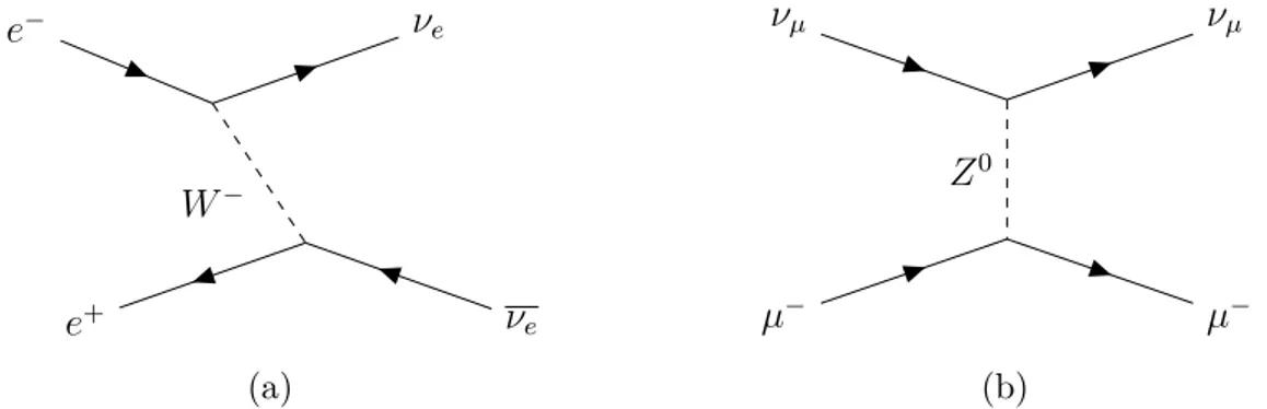 Figura 1.2: Esempi di processi (a) a corrente carica e (b) a corrente neutra (entrambi puramente leptonici).
