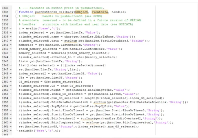 Fig.  2.5 - Un esempio di callback per un pushbutton. Si noti che tra gli ingressi compare la voce handles 