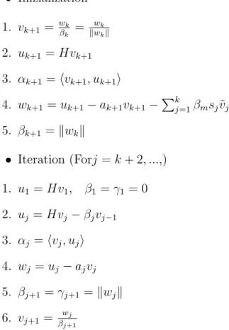 Table 1.3: Iterative scheme of Lanczos algorithm 1. u 1 = Hv 1 , β 1 = γ 1 = 0 2. u j = Hv j − β j v j−1 3