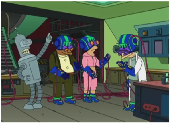 Figura 1.3: Episodio di Futurama in cui i protagonisti accedono ad Internet tramite realt` a virtuale, da hackertrips.wordpress.com