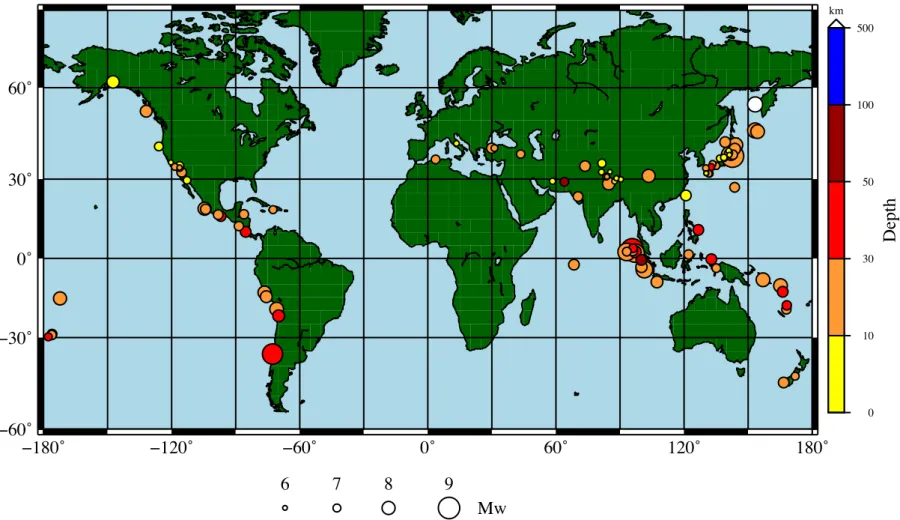 Figure 3.7: Geographical distribution of the earthquake FFMs analysed in this study (see Table 3.3) 