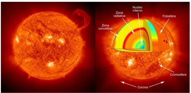 Figura  2: diagramma del sole.  1. Nucleo  2. Zona radiativa  3. Zona convettiva  4. Fotosfera  5