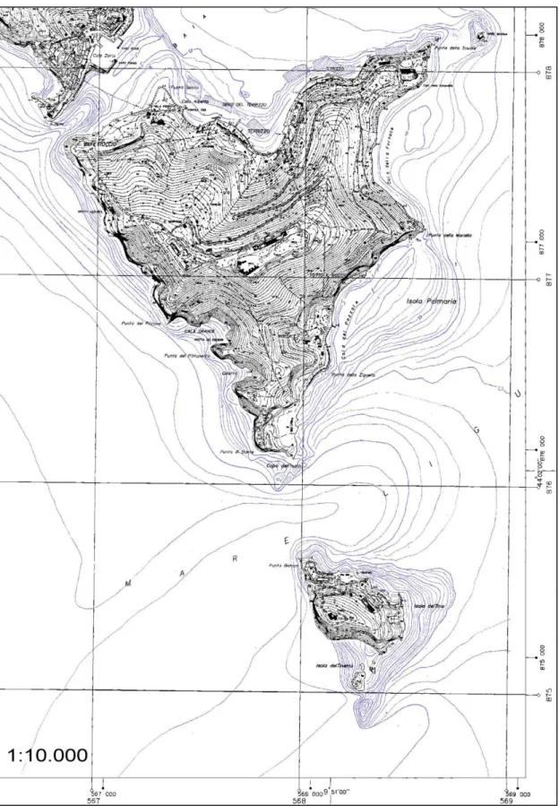 Figura  9.  Batimetrie  dei  fondali  dell’arcipelago  spezzino  (modificato  da:  carte  sito  del  Parco  Naturale  Regionale di Porto Venere, http://www.parconaturalePorto Venere.it/151.asp)