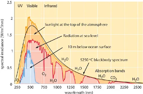 Figure 1.5: Spectrum distribution of solar radiation with various absorption peaks due  to the presence of the atmosphere (labeled with the associated molecular species)  25 .