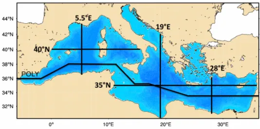 Figure 2.2: Map of the reanlysis domain we focus on, vertical transects described hereafter are shown