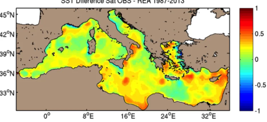 Figure 2.3: Maps of long-term annual mean of difference between MED REA SST and SST reference data set