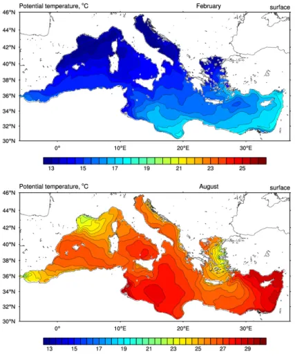 Figure 2.8: Map of surface potential temperature from reanalysis data, February and August are taken as the most representative months of winter period (top) and summer period (bottom) respectively.