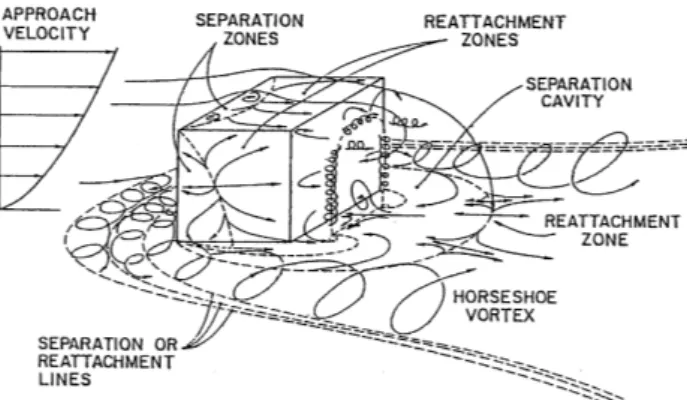 Figura 4.11: Campo di flusso schematico attorno ad un corpo tozzo tridimensionale con una faccia appoggiata ad una parete piatta