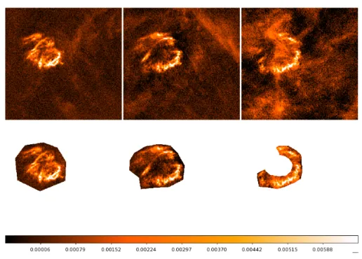 Figure 2.3: Top: Channels number 38 (-41.4 km s −1 ), 41 (-28.8 km s −1 ), 43 (-20.4 km s −1 ) in NGC 6946 datacube