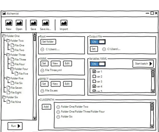 Figura 4.3: Terza bozza dell’interfaccia grafica da realizzare, dove la barra del menu ` e stata sostituita da una serie di pulsanti che svolgono le stesse funzioni e le due sezioni opzionali (output file e variables YAML) possono essere attivate da uno sw