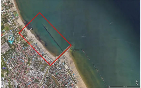 Figura  8  –  Immagine  satellitare  (Google  Earth)  di  Cesenatico.  L’area  di  studio  ,Cesenatico  ponente, è evidenziata in rosso.