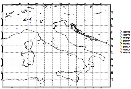 Figure 3.3: Location of the observations from radiosondes (TEMP) over Italy between 9 UTC and 12 UTC on the 9 th of October 2014.
