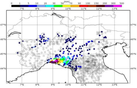 Figure 5.1: Observed precipitations accumulated over 24 hours from rain-gauge net- net-works on the 9 th of October 2014.