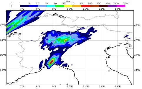 Figure 5.4: Predicted precipitations on the 9 th of October 2014 by the deterministic run of COSMO model with radar analysis.