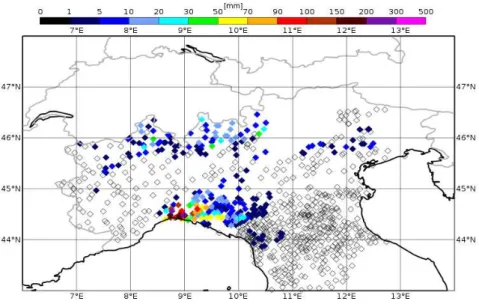 Figure 5.5: Observed precipitations accumulated over 24 hours from rain-gauge net- net-works on the 10 th of October 2014.