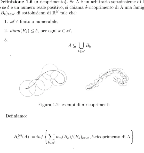 Figura 1.2: esempi di δ-ricoprimenti Deniamo: H α (δ) (A) := inf ( X k∈ A m α (B k )/(B k ) k∈ A , δ -ricoprimento di A ) .