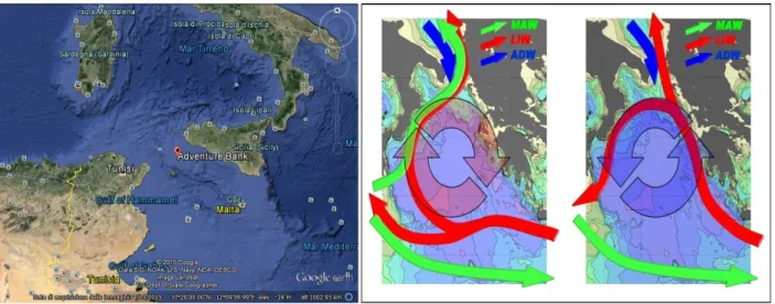 Figure 4a (left panel). Zoom on Sicilian Channel and localization of Adventura Bank and Maltese Bank