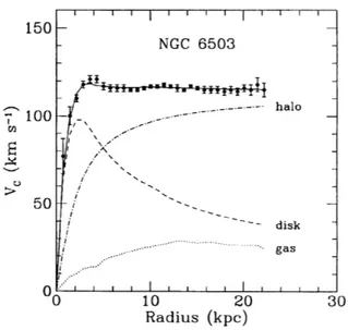 Figura 2.2: Curva di rotazione di NGC6503 osservata ed attesa. Il contributo della materia oscura è indicato nella curva di rotazione dell'alone, dove essa risiede(linea tratto-punto)