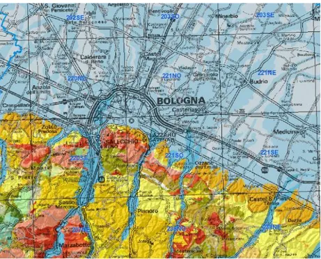 Fig. 1.1.1 Carta geologica del bolognese (Cartografia Geologica della Regione Emilia-Romagna) 