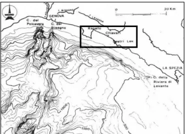 Figura 3-6 Carta batimetrica del tratto Sudorientale del Mar Ligure con rappresentati i canyons ad Est  ed Ovest del Golfo di Tigullio, evidenziato dal riquadro (Fanucci  et al
