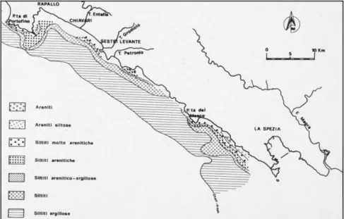 Figura 3-8 Carta della distribuzione dei litotipi superficiali secondo la classificazione Kruit (1954)  scindendo la frazione lutitica in silt ed argilla (Corradi et al., 1980) 