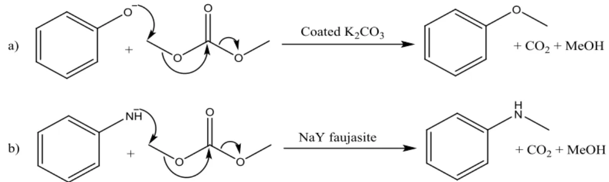 Figura 27: metilazione con DMC in catalisi basica di a) fenolo 32 ; b) anilina 52 .