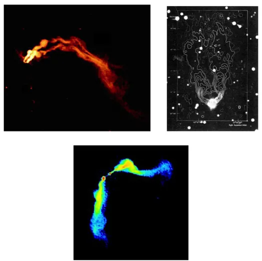Figure 1.6: Examples of tailed radio galaxies. Top panel, left : 330 MHz VLA image of 3C 129, an head-tail radio galaxy (Lane et al