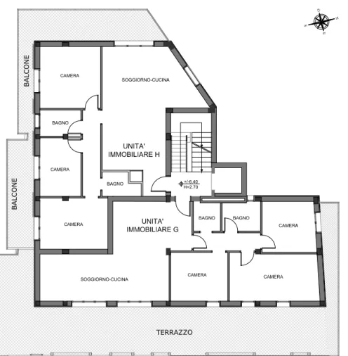 Figura 3.6: Disegni tecnici: in alto la planimetria del secondo piano e in basso la sezione trasversale