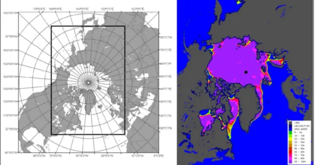 Figure 1.6: left, OSI SAF’s Northern Hemisphere (NH) grid; right product for sea ice Concentration (NH grid) - 2015/06/01, the middle of the melting season.