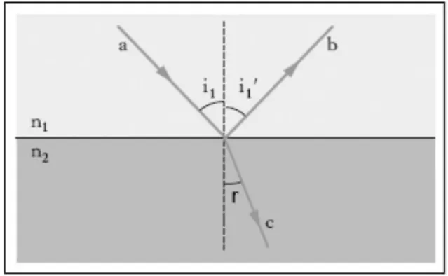 Figura 1.1: Angoli di incidenza, riflessione e rifrazione rispetto alla normale alla superficie di separazione fra i mezzi n 1 ed n 2 .