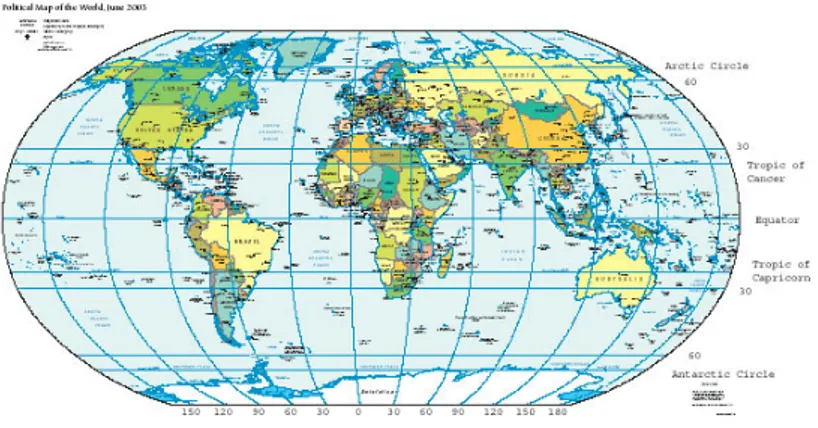 Figura 1.12: Mappa terrestre. Le linee verticali curve sono dette meridiani e servono a misurare la latitudine, le linee orizzontali sono dette paralleli e servono a misurare la longitudine., da: https://commons.wikimedia.org/ w/index.php?curid=561108